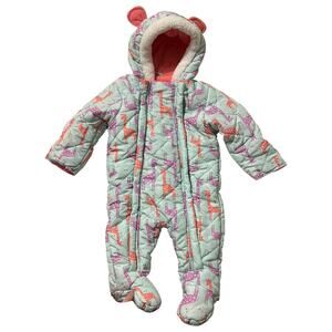 Wippette Kids Girls Puffer Snowsuit 6M / 9M Blue Footed Mittens Fleece Giraffes